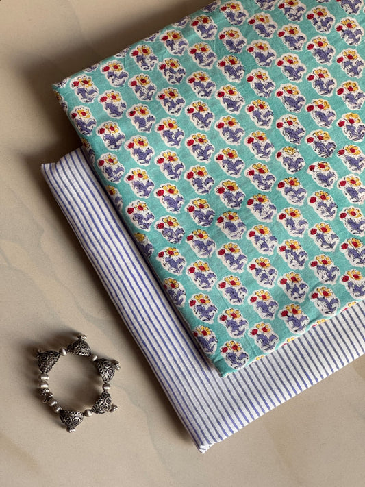 Pure Soft Cotton Handblock Printed 2PC Top-Bottom Suit Set (2.50 Meter Each)