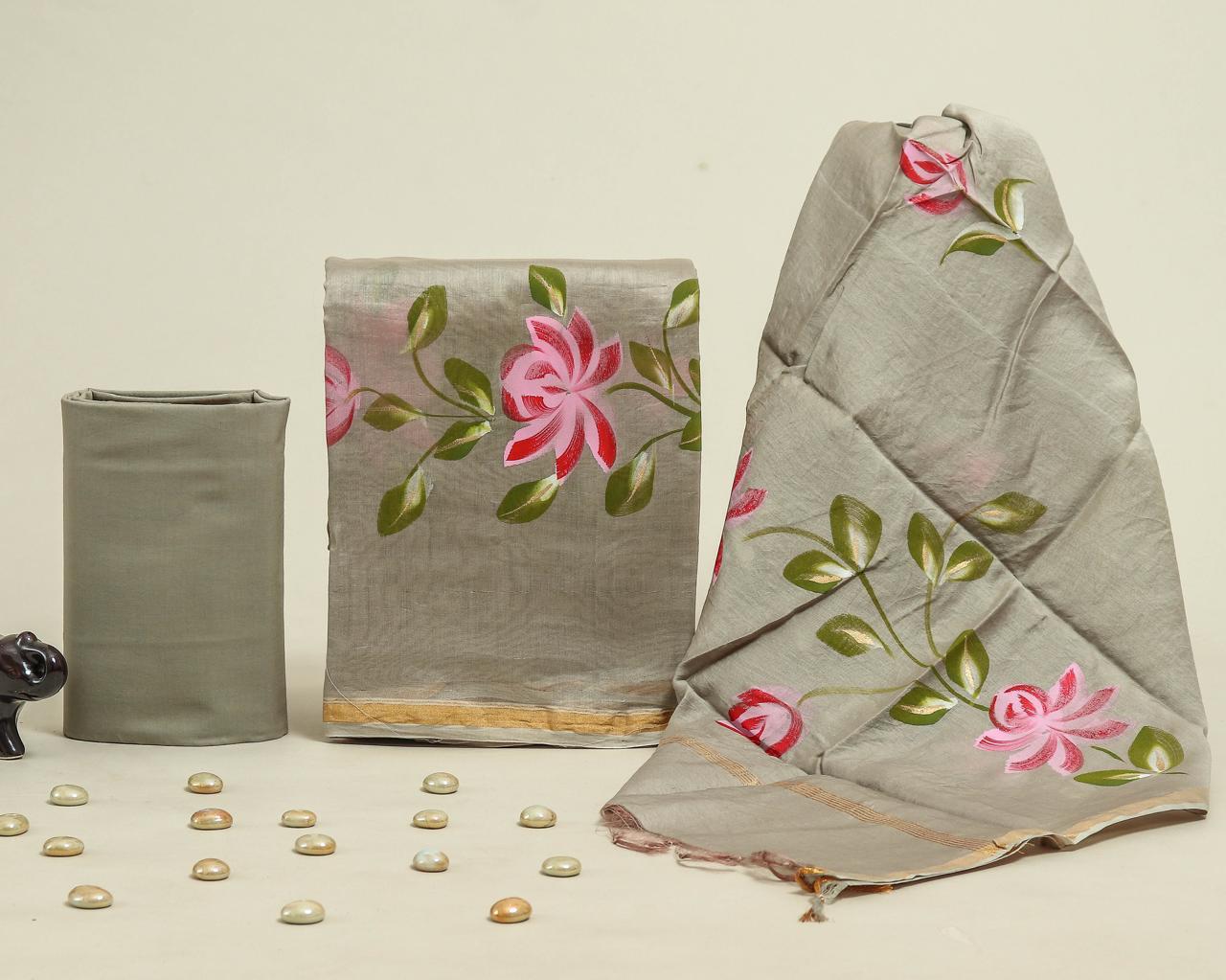 Designer Handblock Printed Chanderi Silk Suit Set