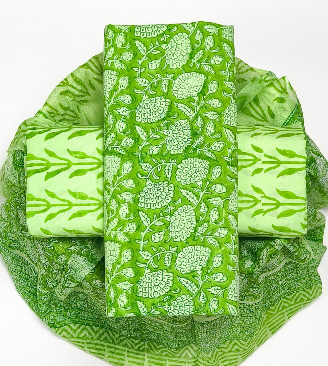 Pure Cotton Hand Block Printed Suit Set With Chiffon Dupatta