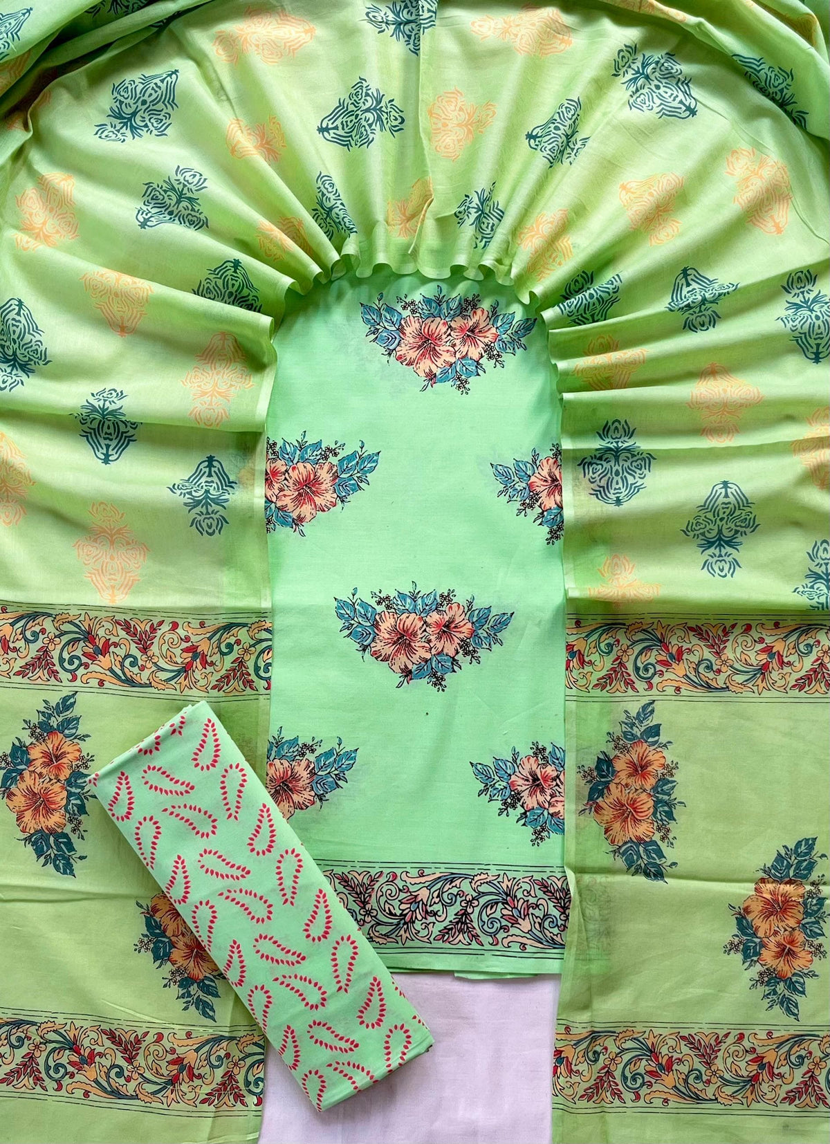 Pure Soft Cotton Hand Block Printed Suit Set With Cotton Dupatta