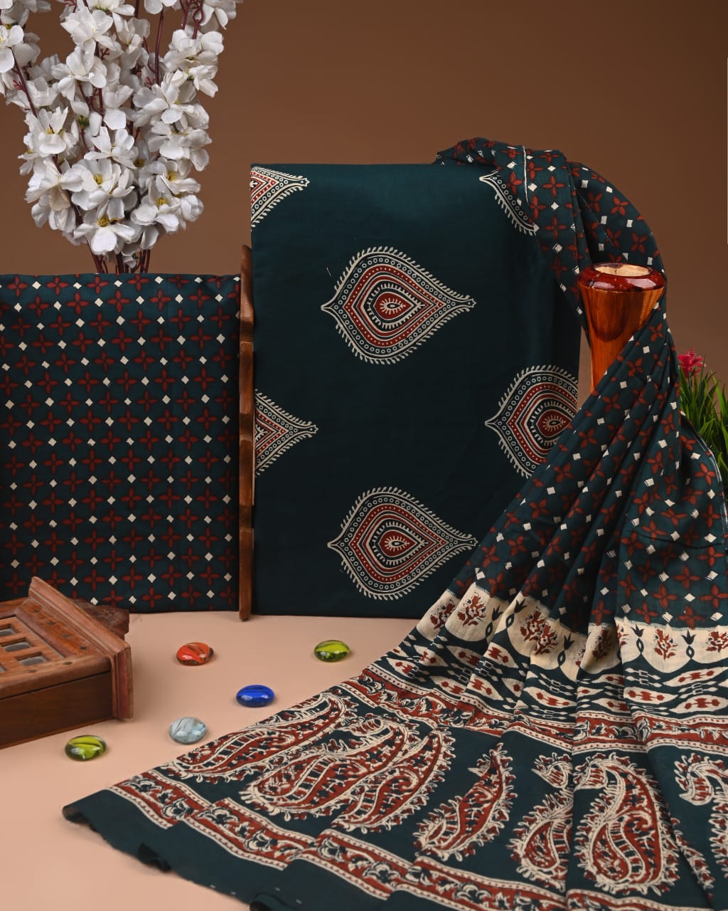 Designer Hand Block Printed Cotton Suit Set With Cotton Dupatta