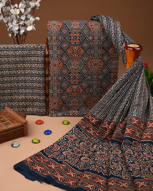Designer Hand Block Printed Cotton Suit Set With Cotton Dupatta