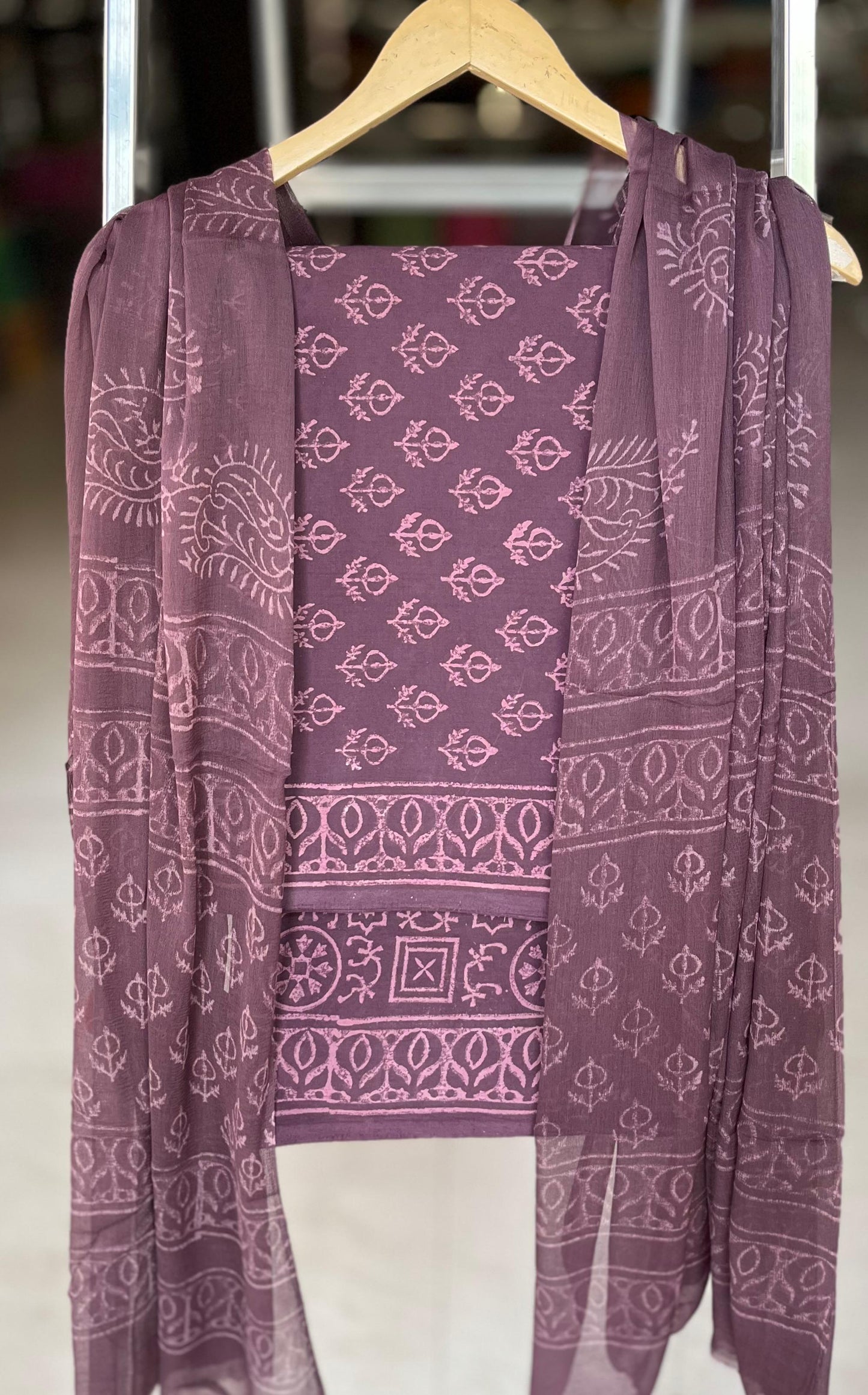 Pure Soft Cotton Hand Block Printed Suit Set With Chiffon Dupatta