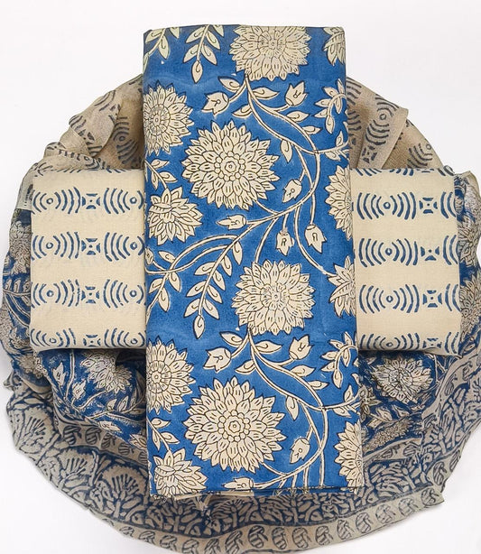 Pure Cotton Hand Block Printed Suit Set With Chiffon Dupatta