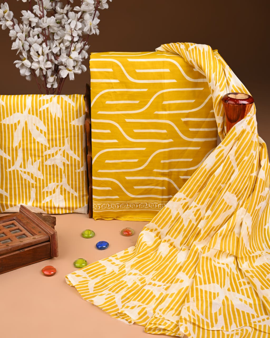 Designer Hand Block Printed Cotton Suit Set With Cotton Dupatta