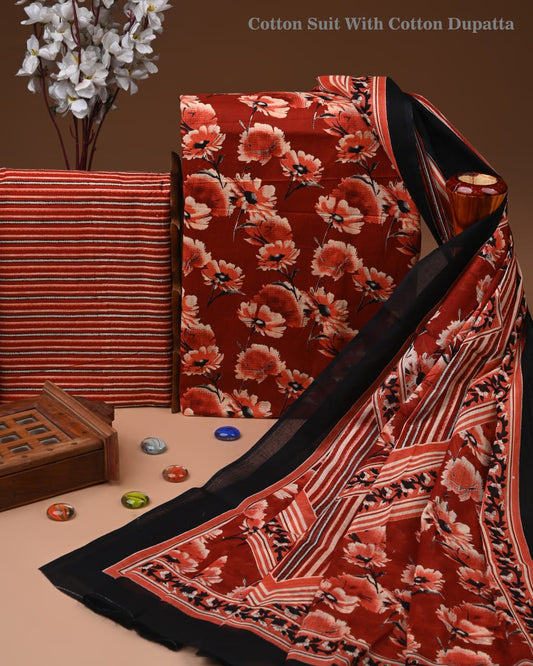 Designer Hand Block Printed Cotton Suit Set With Cotton Dupatta