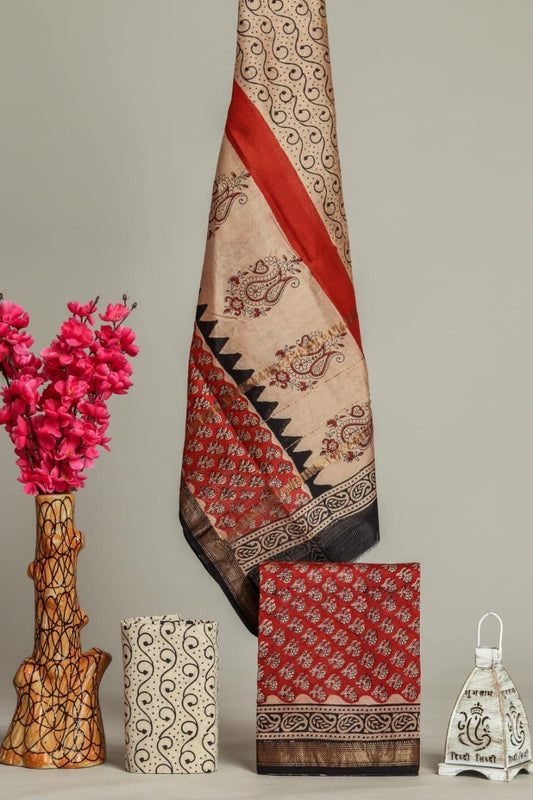 Designer Handblock Printed Maheshwari Silk Suit Set