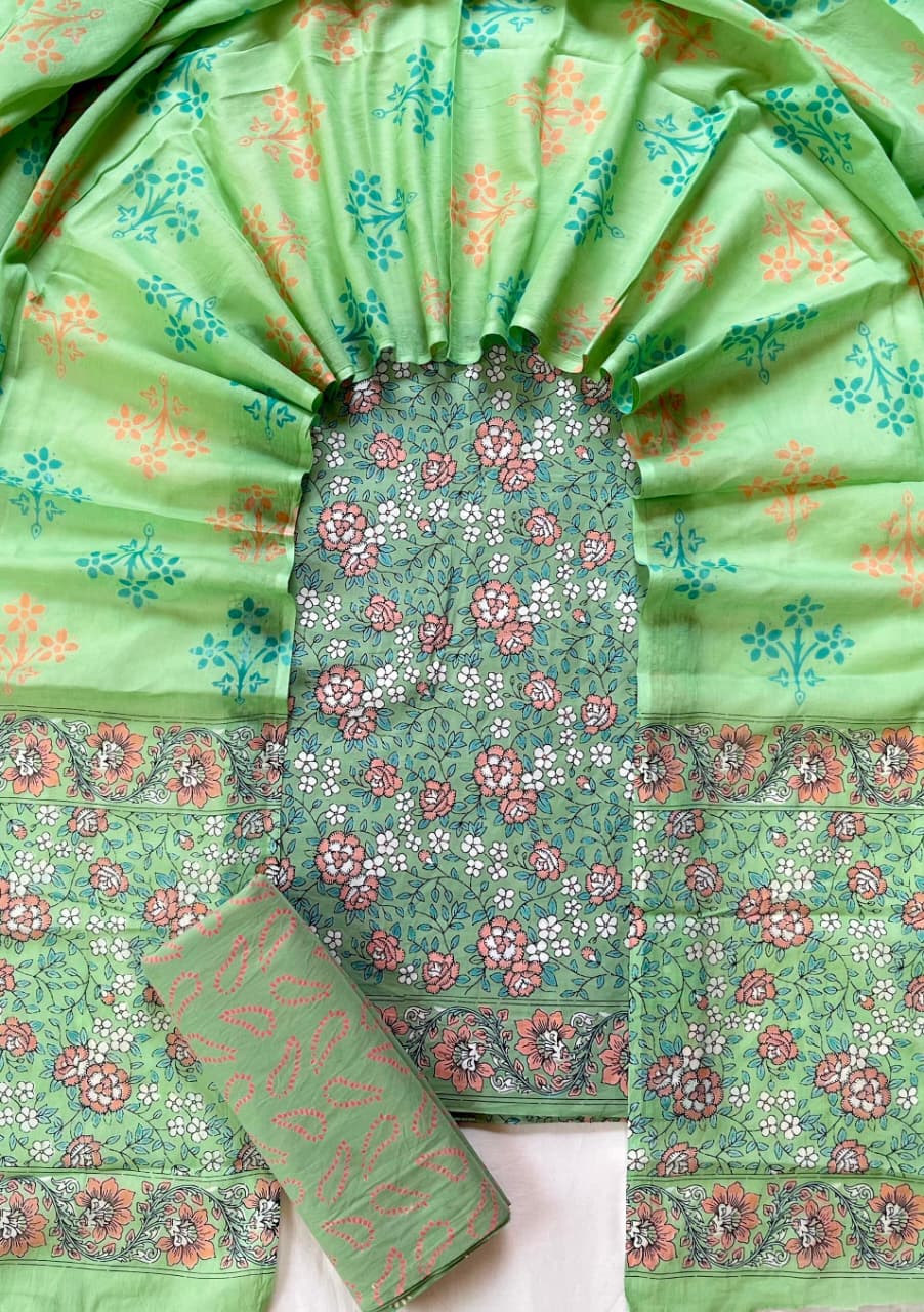 Pure Soft Cotton Hand Block Printed Suit Set With Cotton Dupatta