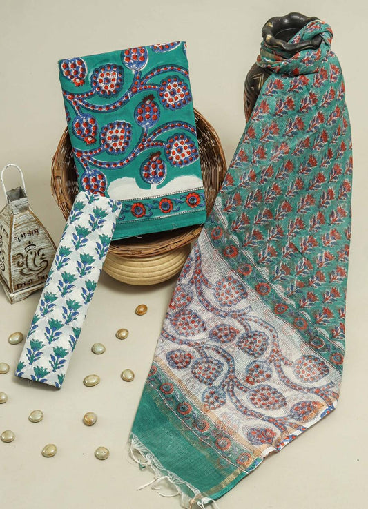 Pure Cotton Hand Block Printed Suit Set With Kota Doria Dupatta