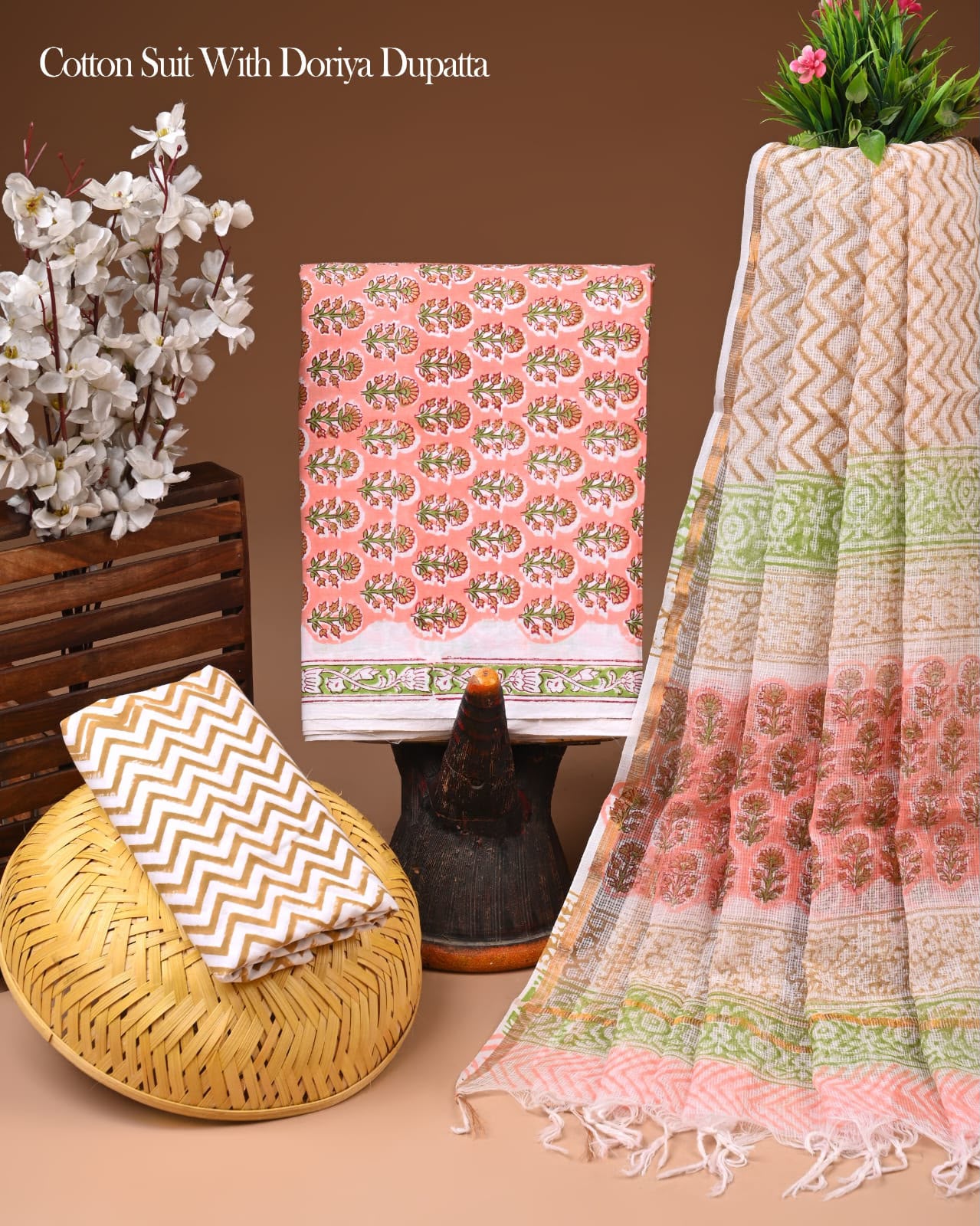 Pure Cotton Hand Block Printed Suit Set With Kota Doria Dupatta