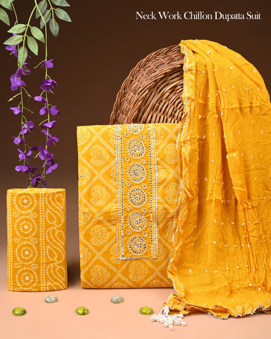 Premium Gota Patti Work Cotton Suit Set With Chiffon Dupatta
