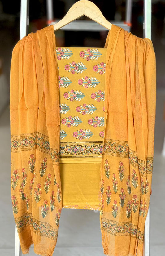 Pure Cotton Hand Block Printed Suit Set With Chiffon Dupatta
