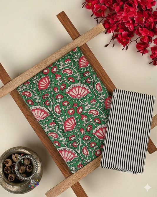 Pure Soft Cotton Handblock Printed 2PC Top-Bottom Suit Set (2.50 Meter Each)