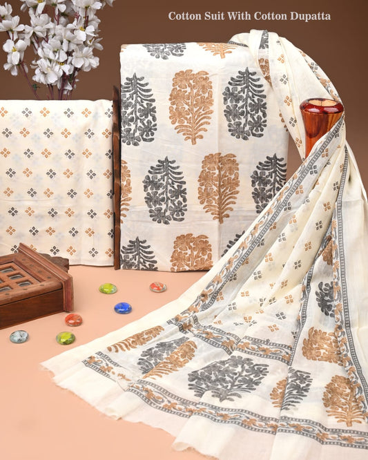 Designer Hand Block Printed Cotton Suit Set With Cotton Dupatta