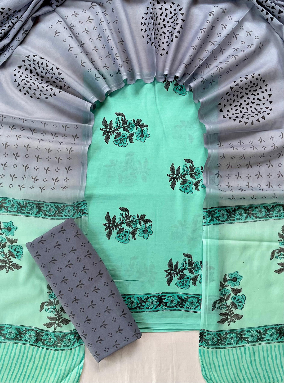 Pure Soft Cotton Hand Block Printed Suit Set With Cotton Dupatta