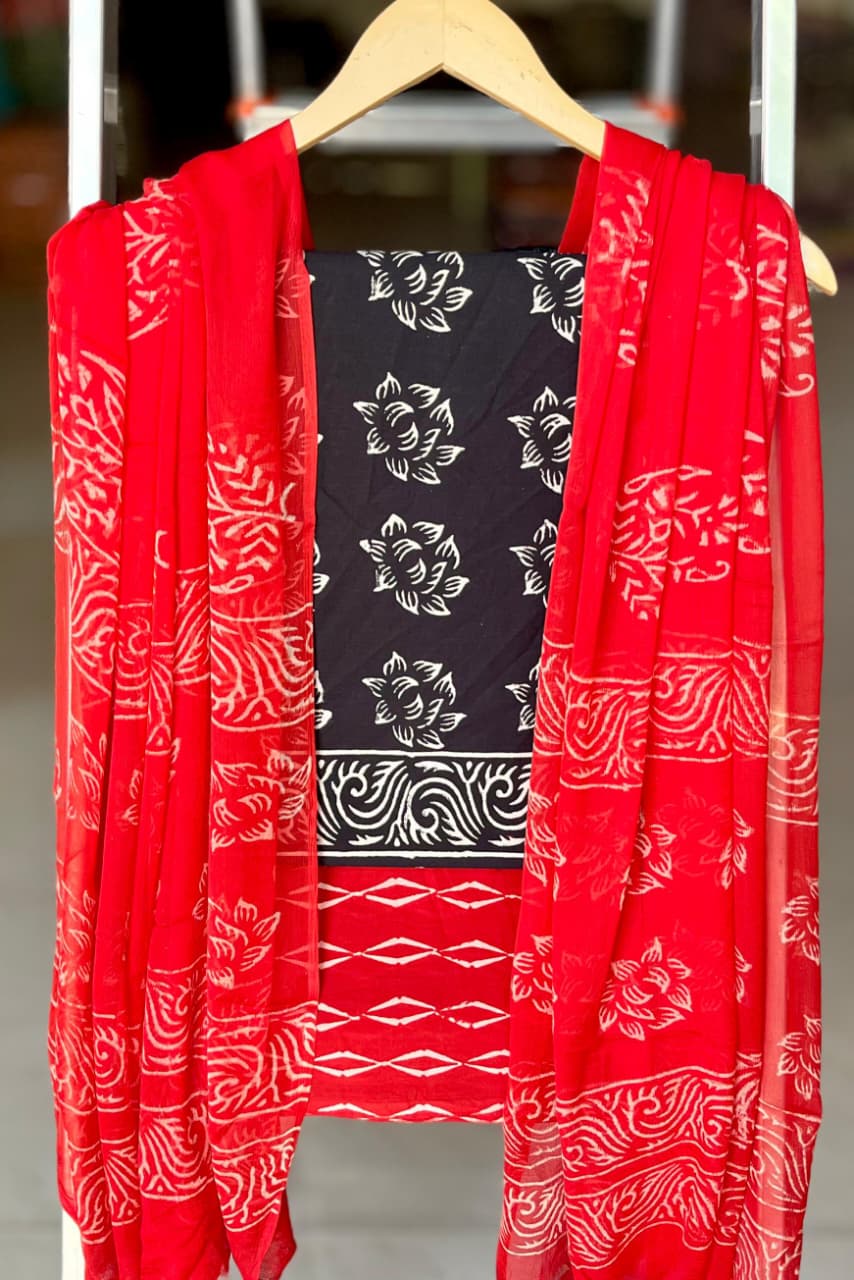 Pure Cotton Hand Block Printed Suit Set With Chiffon Dupatta