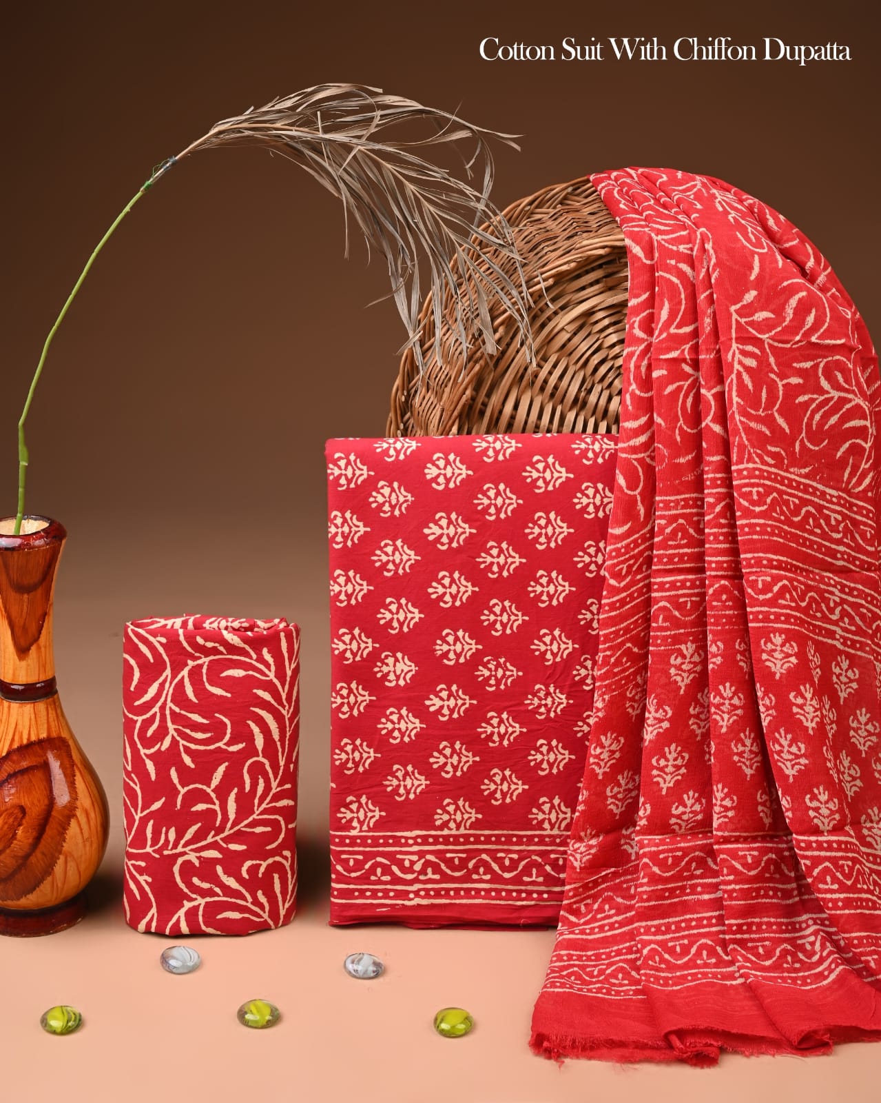 Pure Cotton Hand Block Printed Suit Set With Chiffon Dupatta