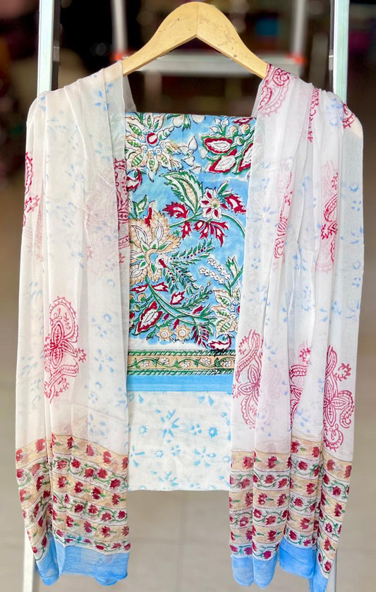 Pure Cotton Hand Block Printed Suit Set With Chiffon Dupatta