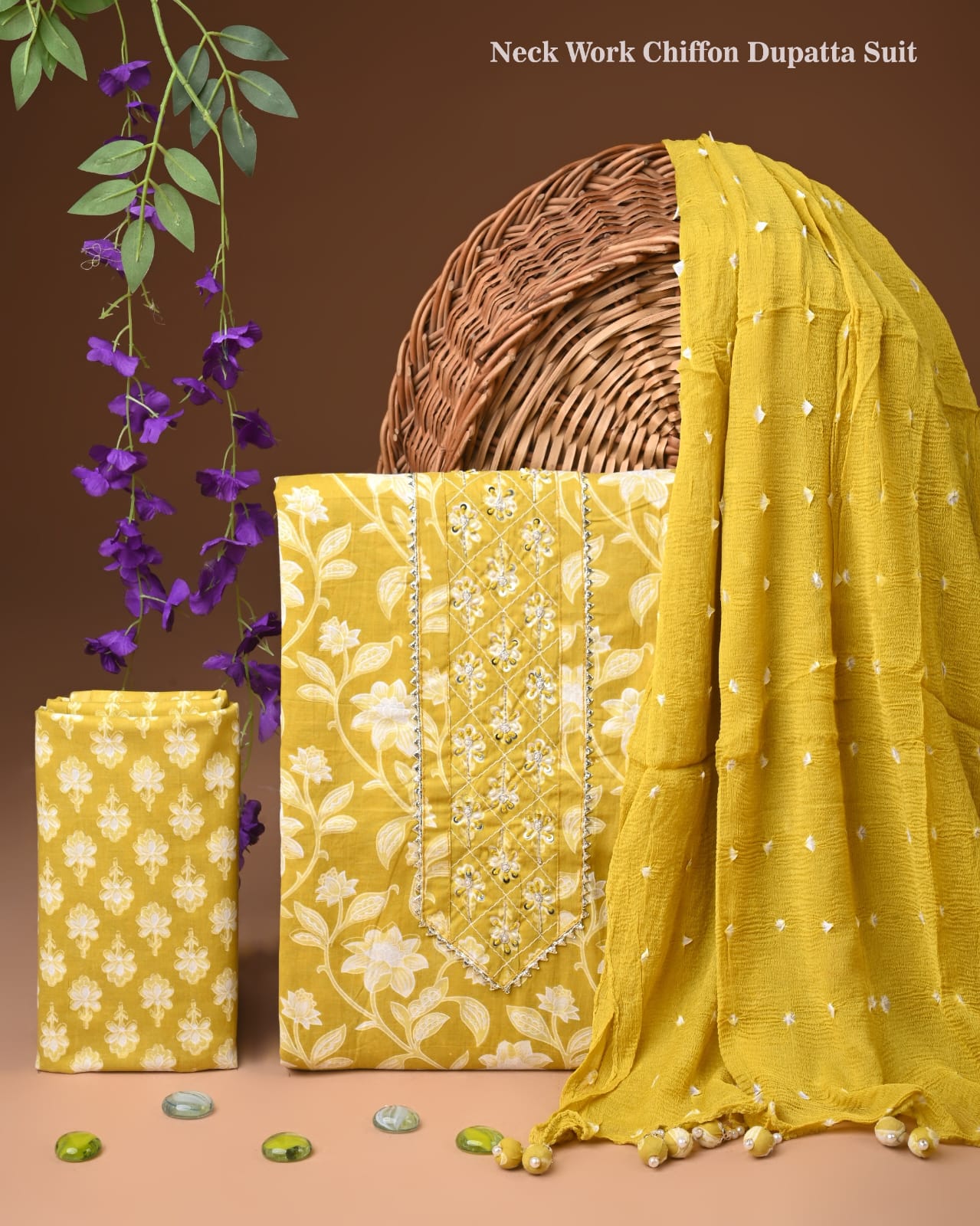 Premium Gota Patti Work Cotton Suit Set With Chiffon Dupatta