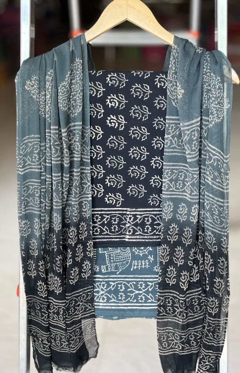 Pure Cotton Hand Block Printed Suit Set With Chiffon Dupatta