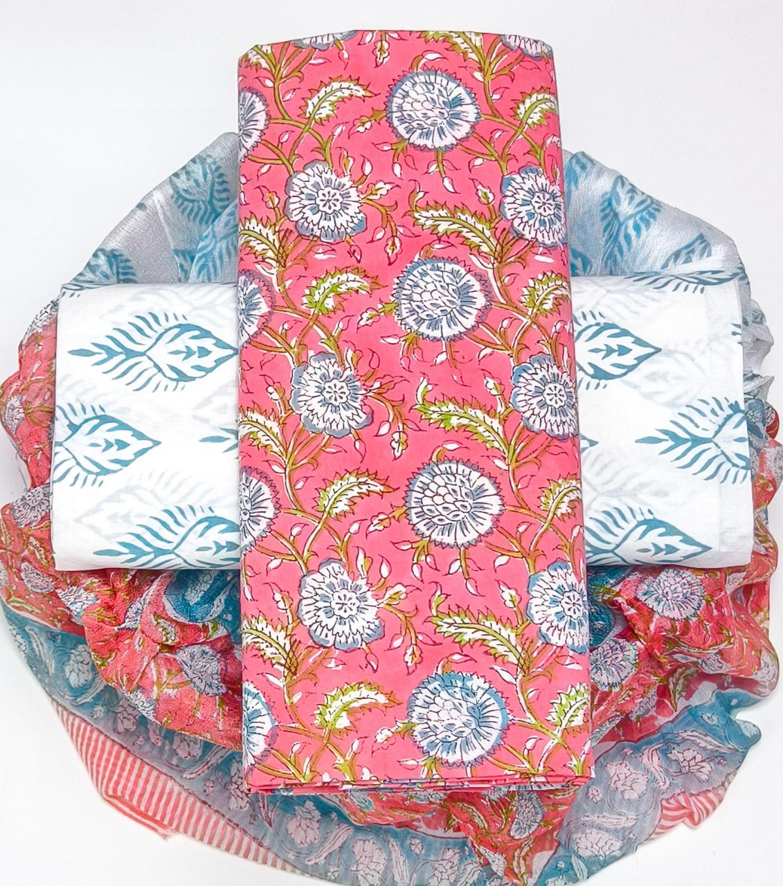 Pure Cotton Hand Block Printed Suit Set With Chiffon Dupatta