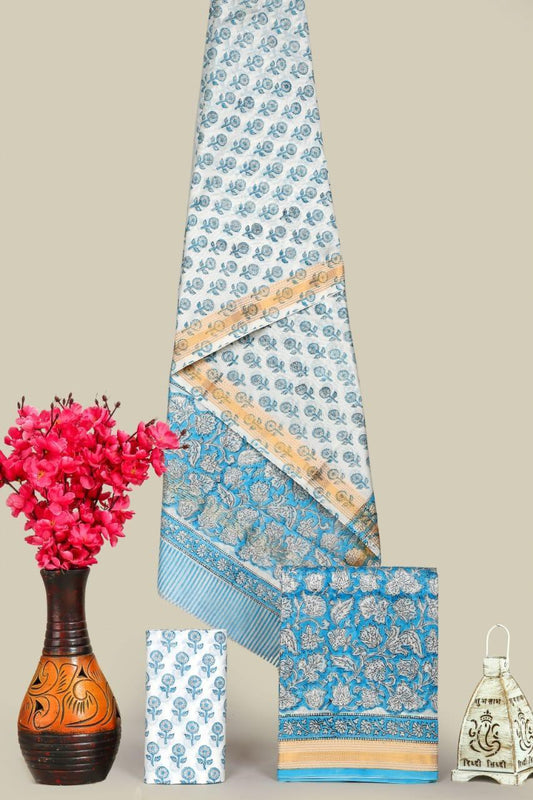 Designer Handblock Printed Maheshwari Silk Suit Set