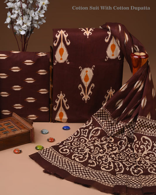 Designer Hand Block Printed Cotton Suit Set With Cotton Dupatta