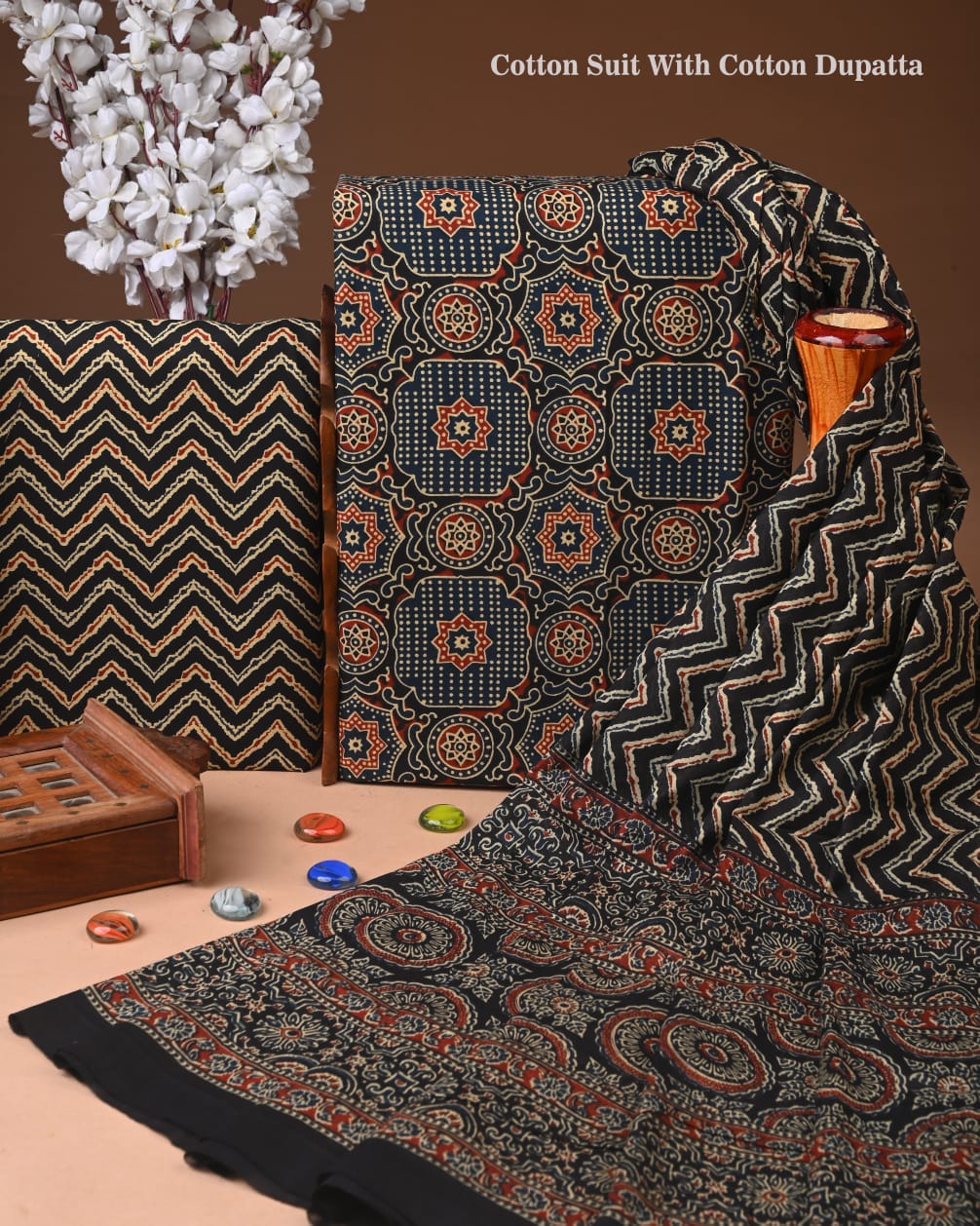 Designer Hand Block Printed Cotton Suit Set With Cotton Dupatta