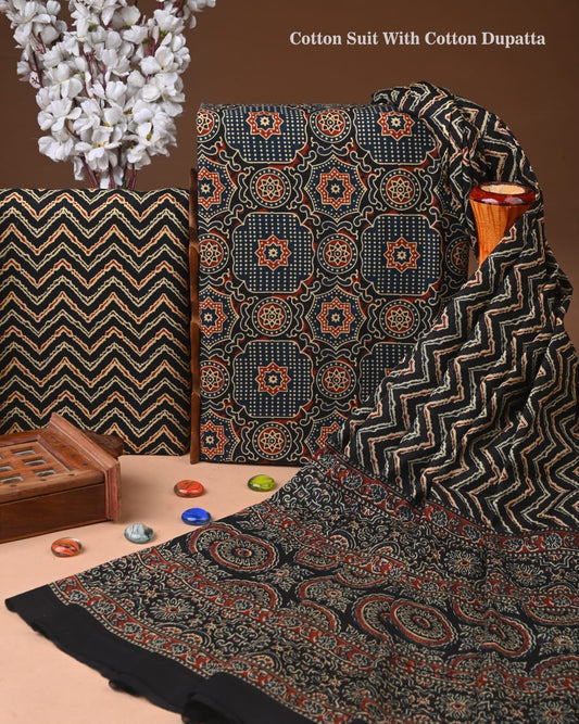 Designer Hand Block Printed Cotton Suit Set With Cotton Dupatta