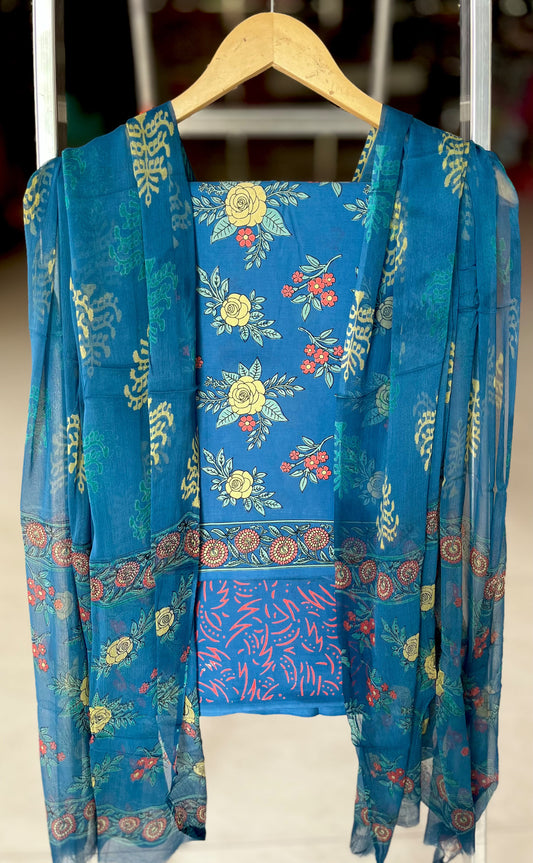 Pure Cotton Hand Block Printed Suit Set With Chiffon Dupatta