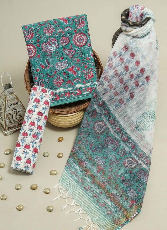 Pure Cotton Hand Block Printed Suit Set With Kota Doria Dupatta