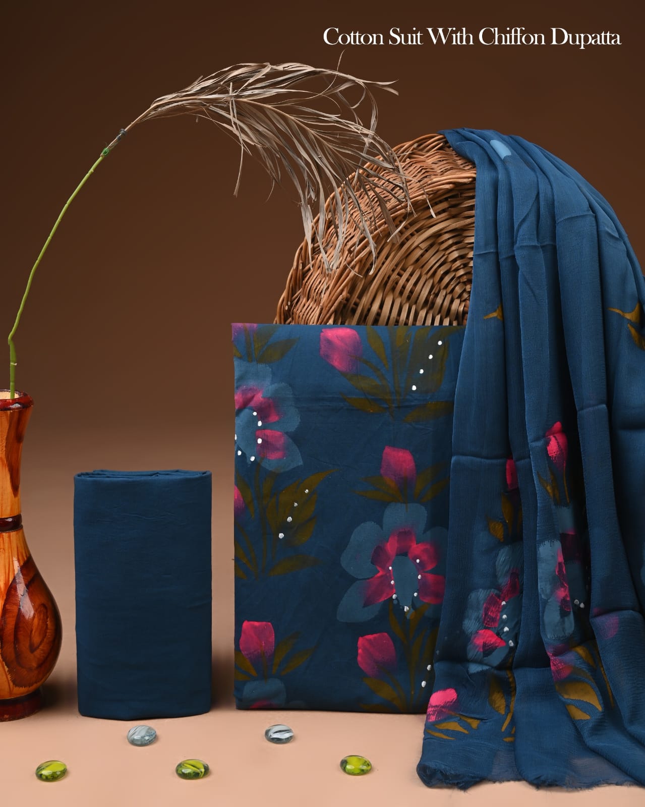 Pure Cotton Hand Block Printed Suit Set With Chiffon Dupatta