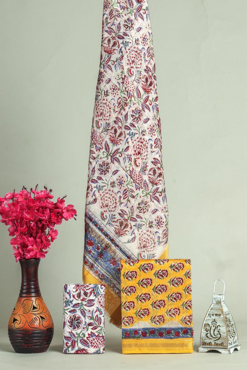 Premium Designer Handblock Printed Maheshwari Silk Suit Set