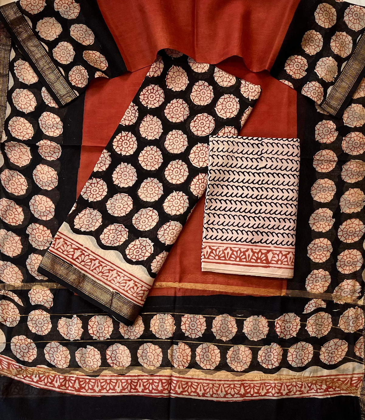 Premium Designer Handblock Printed Maheshwari Silk Suit Set