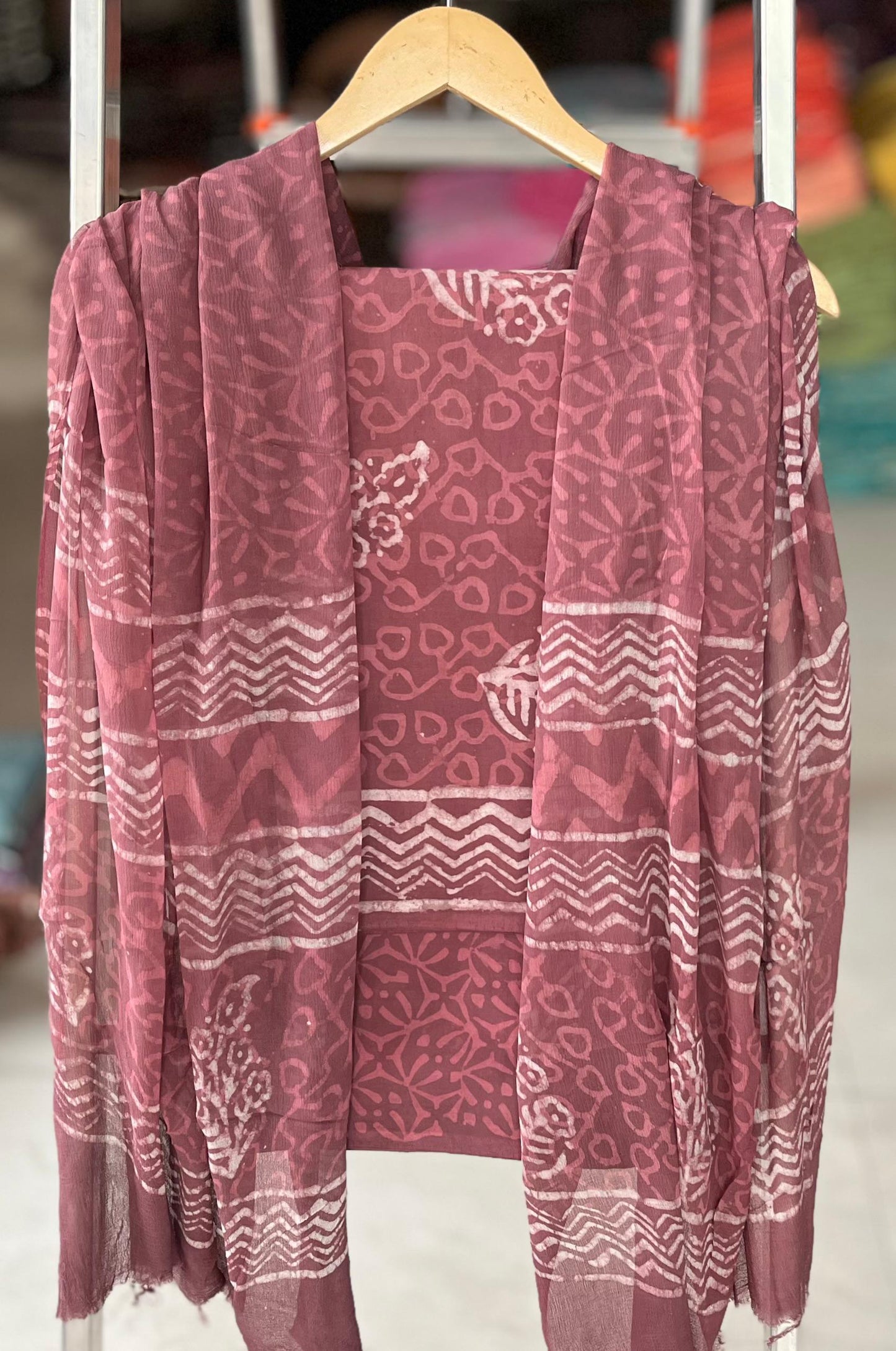 Pure Cotton Hand Block Printed Suit Set With Chiffon Dupatta