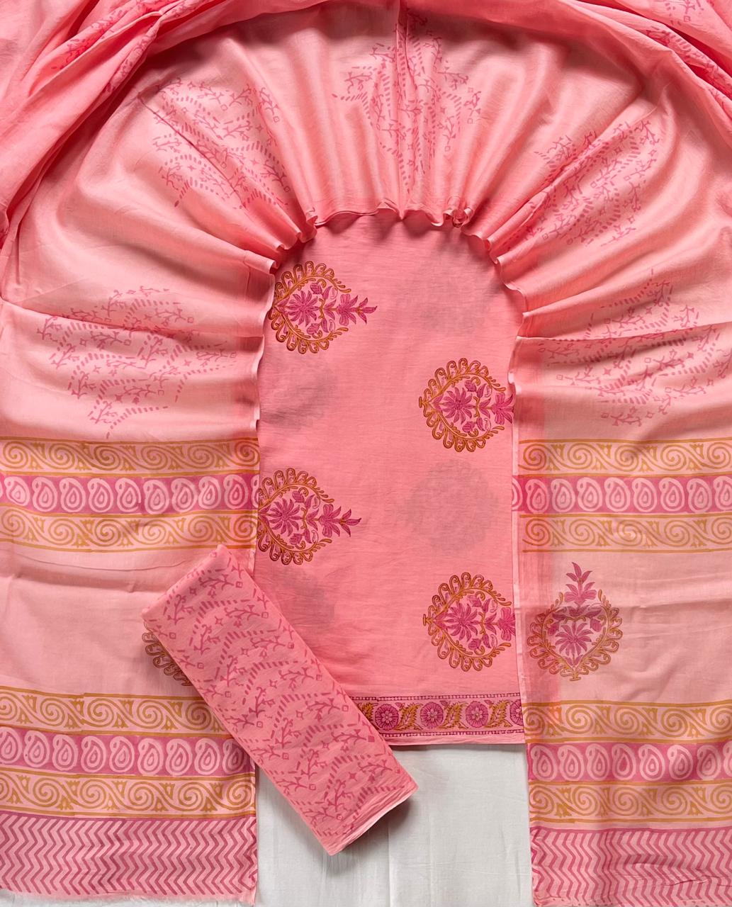 Pure Soft Cotton Hand Block Printed Suit Set With Cotton Dupatta