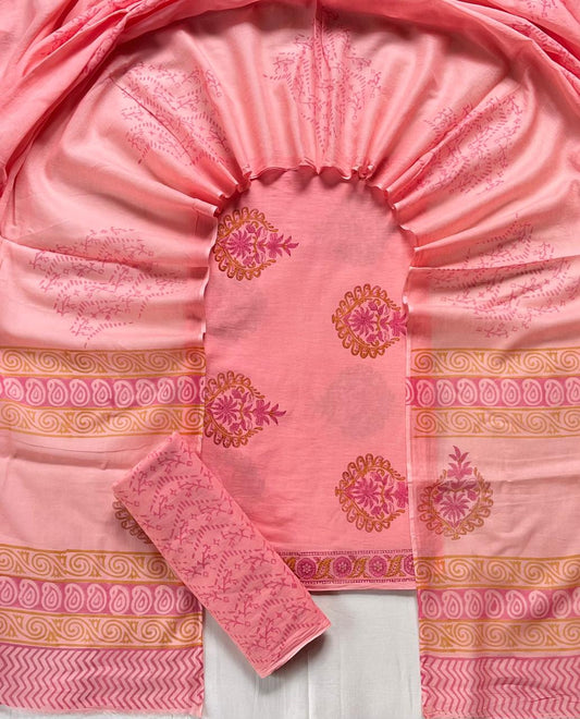 Pure Soft Cotton Hand Block Printed Suit Set With Cotton Dupatta