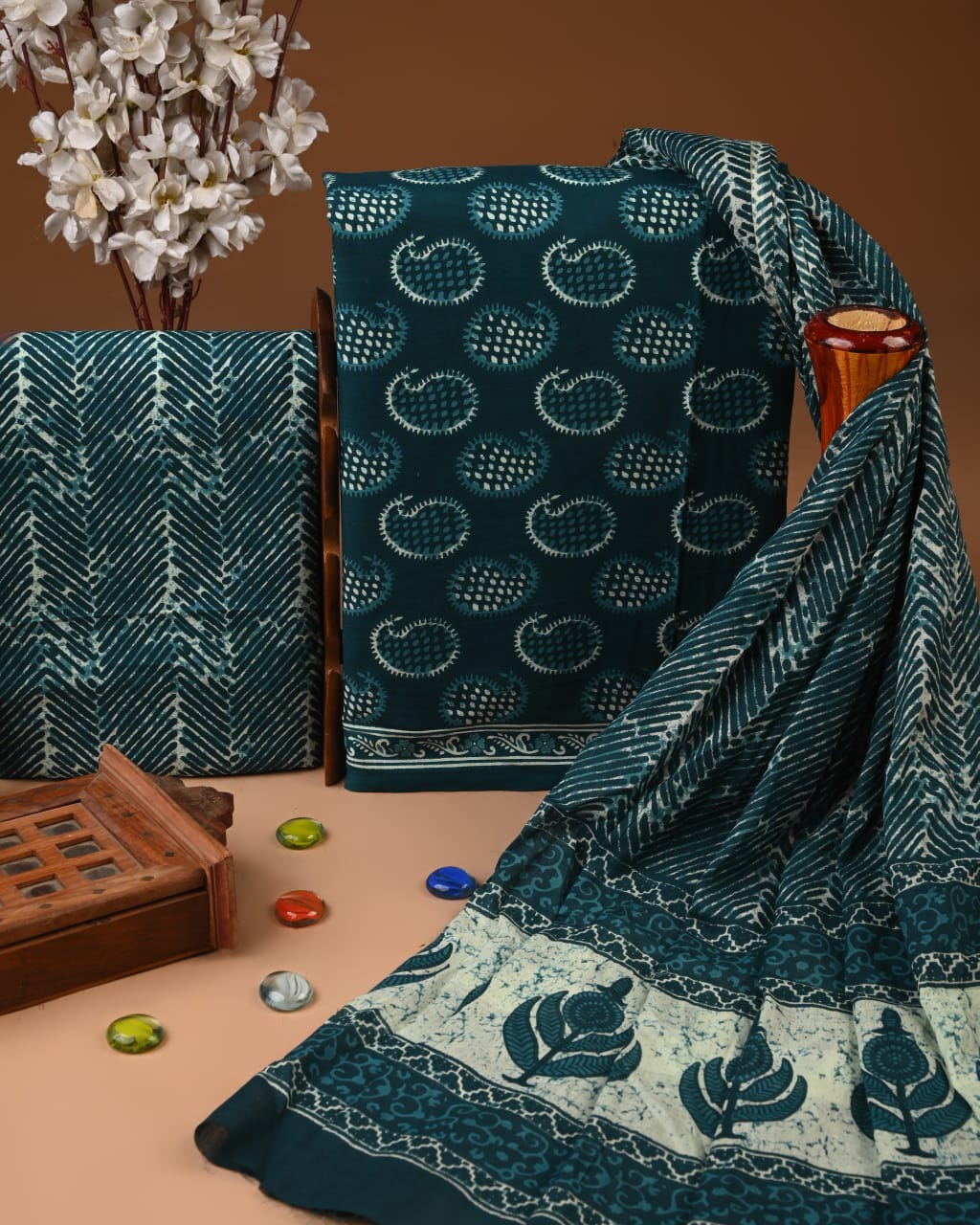Designer Hand Block Printed Cotton Suit Set With Cotton Dupatta