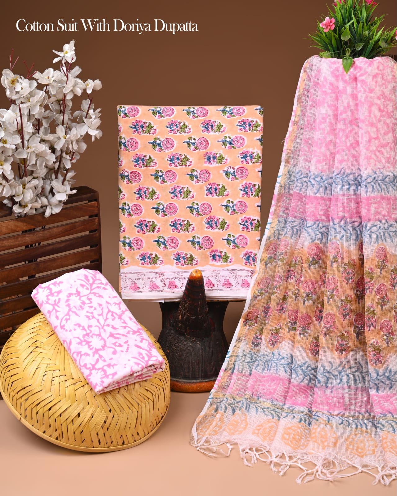 Pure Cotton Hand Block Printed Suit Set With Kota Doria Dupatta