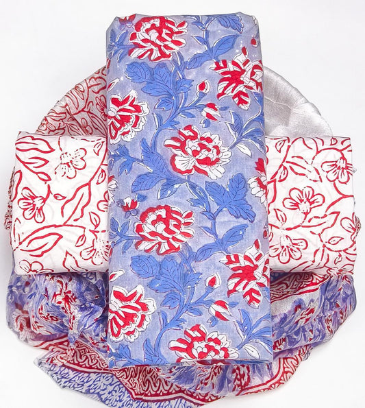 Pure Cotton Hand Block Printed Suit Set With Chiffon Dupatta