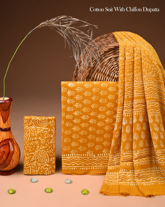 Pure Cotton Hand Block Printed Suit Set With Chiffon Dupatta