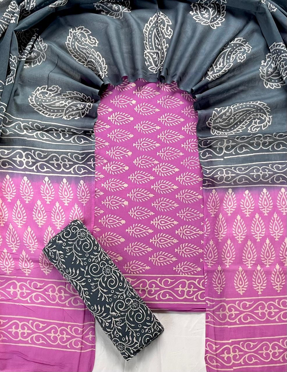 Pure Soft Cotton Hand Block Printed Suit Set With Cotton Dupatta