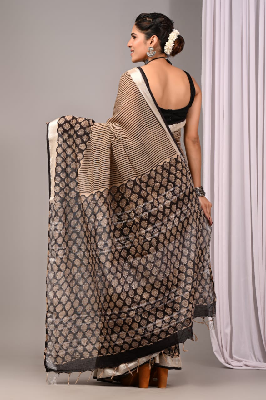 Pure Cotton Linen Handblock Printed Saree With Blouse