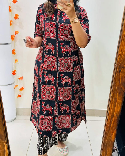 Premium Floral Fine Cotton Printed A-Line Pattern Kurti-Palazzo Set