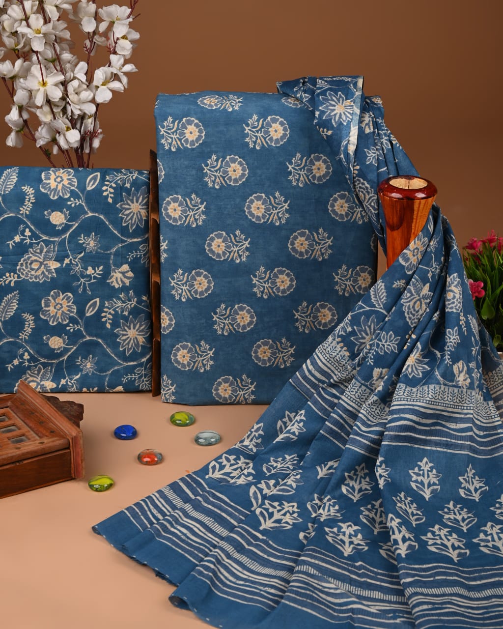 Designer Hand Block Printed Cotton Suit Set With Cotton Dupatta