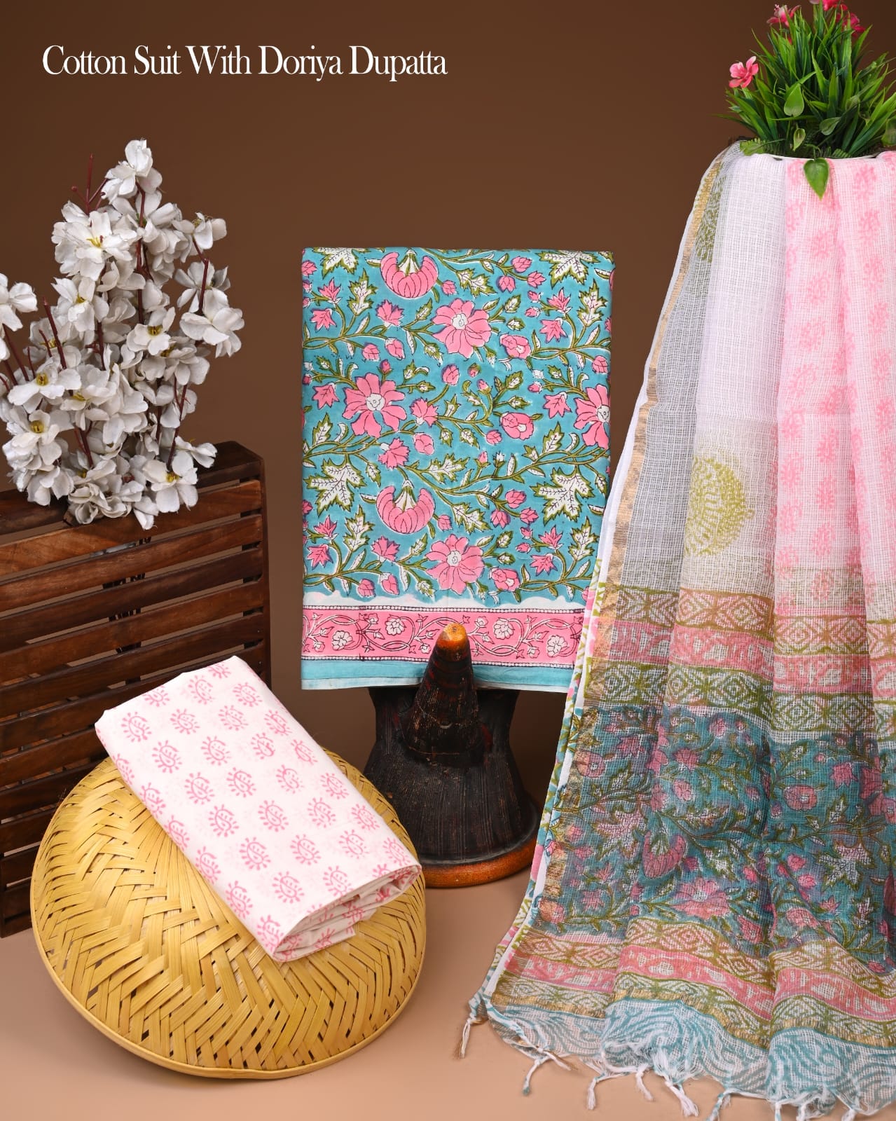 Pure Cotton Hand Block Printed Suit Set With Kota Doria Dupatta