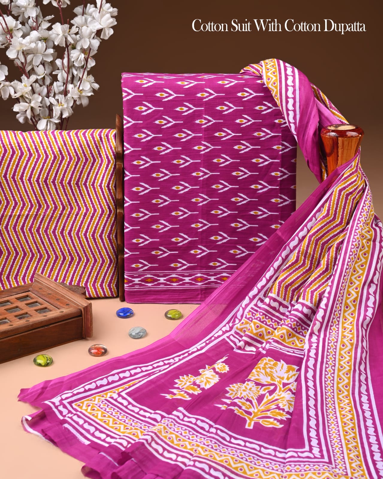 Designer Hand Block Printed Cotton Suit Set With Cotton Dupatta