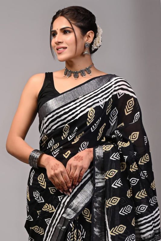 Pure Cotton Linen Handblock Printed Saree With Blouse