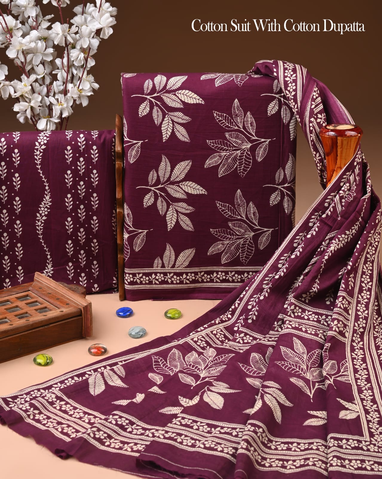 Designer Hand Block Printed Cotton Suit Set With Cotton Dupatta
