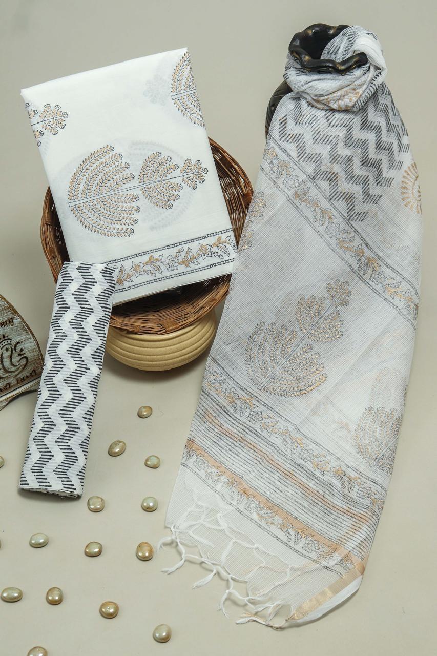 Pure Cotton Hand Block Printed Suit Set With Kota Doria Dupatta